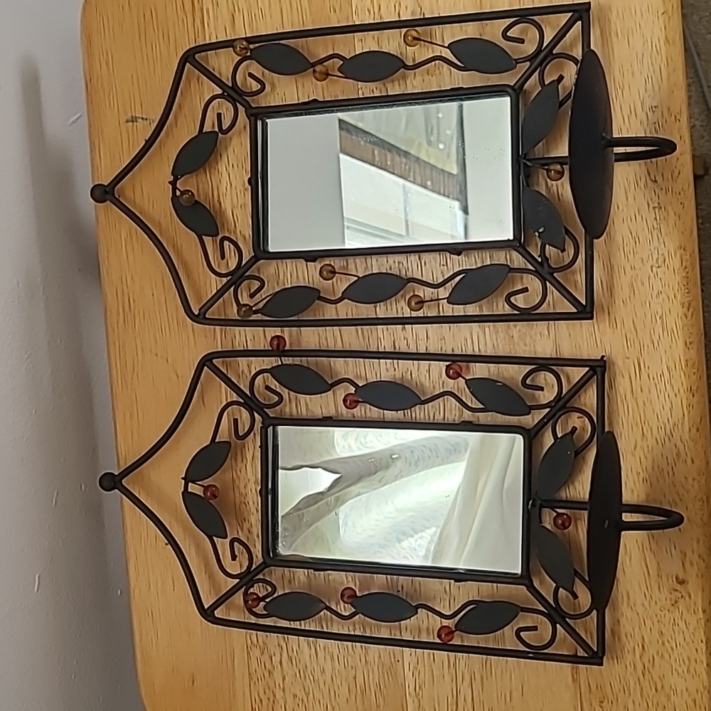 2 (two) Metal Mirror Accents with Candle Holders (Sold together)